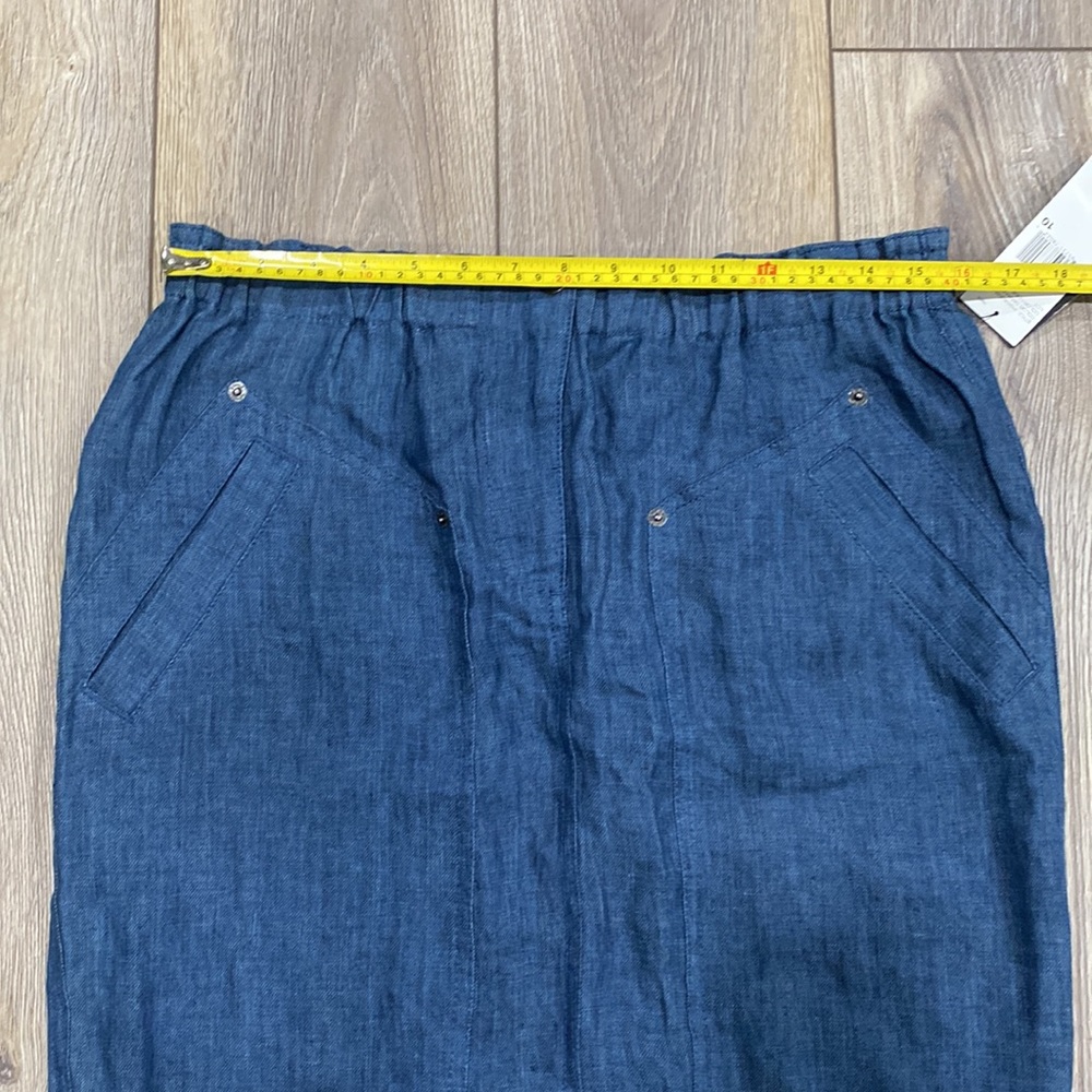 NWT DKNY 100% Linen Denim Blue Elastic Waist Knee Length Skirt 10 - Picture 11 of 16